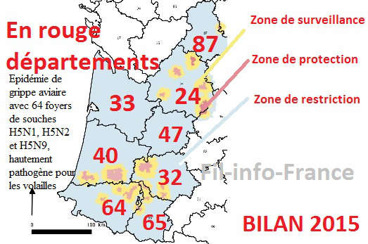 Carte de la propagation de l'pidmie influenza aviaire, virus H5N1 en France, zone, dpartements, touchs, France, 2015, Fil-info-France