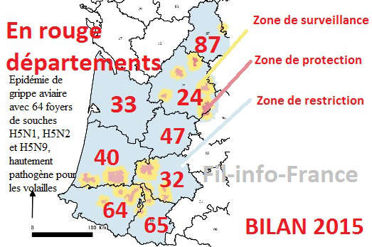 Carte de la propagation de l'épidémie influenza aviaire, virus H5N1 en France, zone, départements, touchés, France, 2015, Fil-info-France