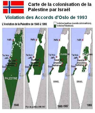 Carte de la colonisation de la Palestine, violation des Accords d'Oslo de 1993 par Isral