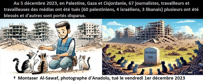 Nombre de journalistes tus en Palestine, Gaza et Cisjordanie, 67 au 5 dcembre 2023