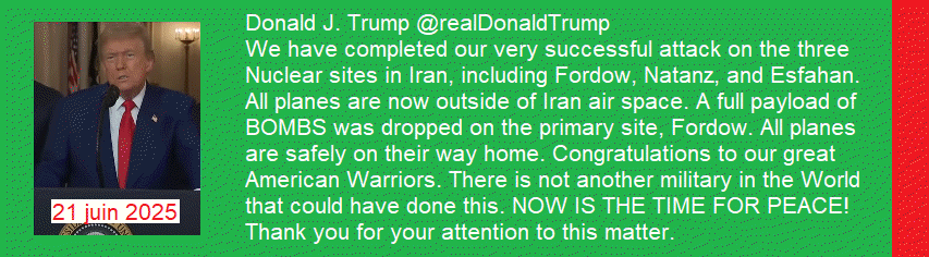 Discours de Donald Trump apr�s les frappes am�ricaines sur les trois principaux sites nucl�aires iraniens Fordow, Natanz et Ispahan. 21 juin 202