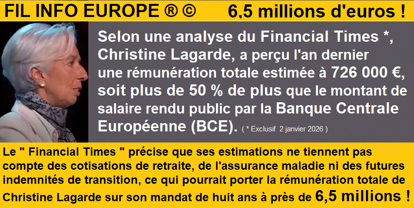 Christine Lagarde, a per�u l'an dernier une r�mun�ration totale estim�e � 726 000 euros